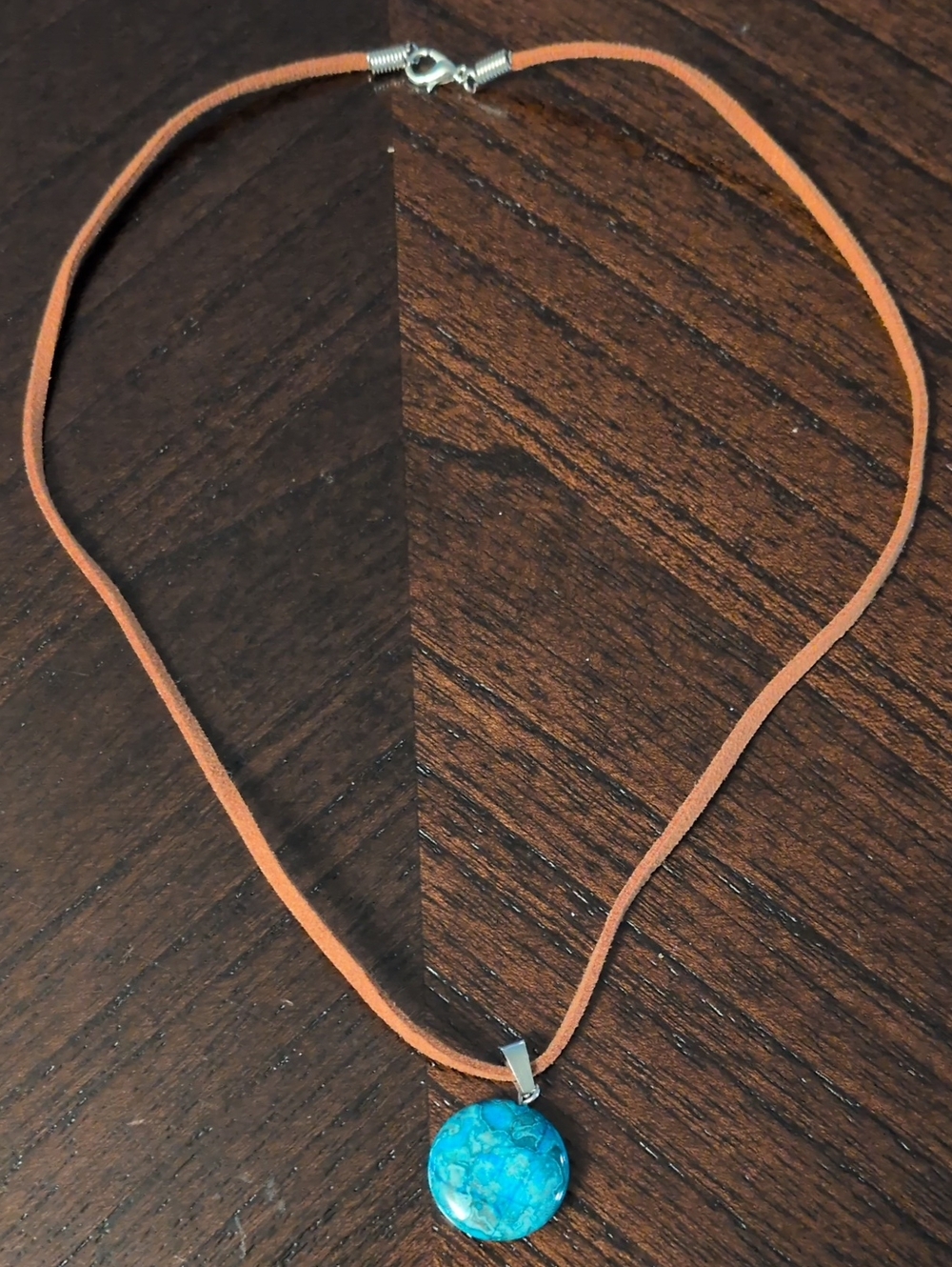Turquoise Circle Pendant on Brown Suede Cord